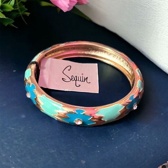 Sequin Southwest Blue Teal Gold Rhinestone Stackable Hinged Clamper Bangle NWT - Picture 3 of 5